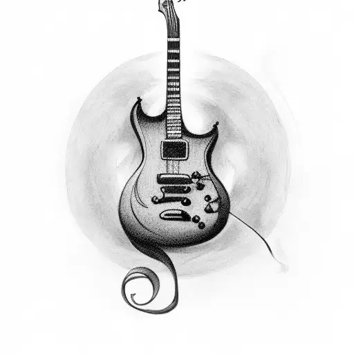 A small and simple black and grey tattoo of a guitar with musical notes flowing out of it tattoo design idea