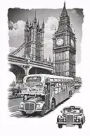 Big Ben with double decker bus tattoo design idea