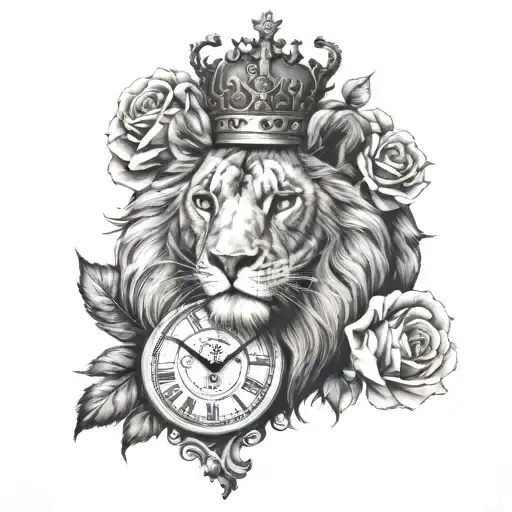 A clock and a lion wearing a crown surrounded by roses tattoo design idea