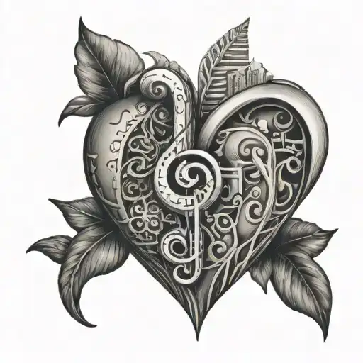 Incorporate a sketch of a heart made of musical notes and medical symbols with a background of Mexican and Guatemalan landscapes tattoo design idea