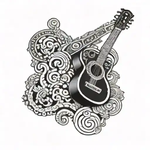 Illustrate a traditional Mexican guitar with Mayan symbols representing healing tattoo design idea