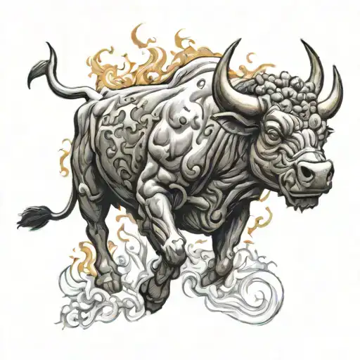 Raging charging bull, very furious with flames and smoke all around tattoo design idea