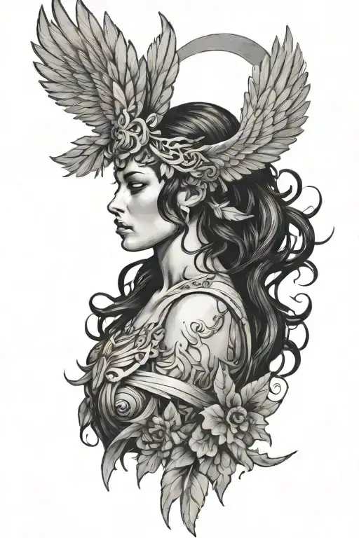 goddess Nike profile modern warrior see wings and wreath in hair tattoo design idea