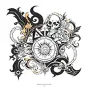 Create a unique tattoo design with the 7 deadly sins and 7 heavenly virtues depicted as abstract symbols on each arm, blending new-school and traditional styles tattoo design idea