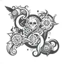 Create a unique tattoo design with the 7 deadly sins and 7 heavenly virtues depicted as abstract symbols on each arm, blending new-school and traditional styles tattoo design idea