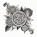 Create a unique tattoo design with the 7 deadly sins and 7 heavenly virtues depicted as abstract symbols on each arm, blending new-school and traditional styles tattoo design idea