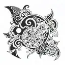 Create a unique tattoo design with the 7 deadly sins and 7 heavenly virtues depicted as abstract symbols on each arm, blending new-school and traditional styles tattoo design idea