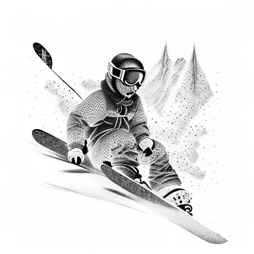 A dotwork tattoo of a snowboarder carving through a mountain tattoo design idea