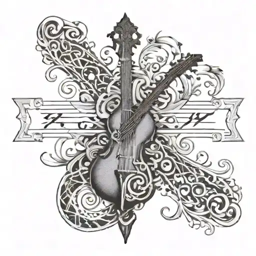 An intricate dotwork design of a cross intertwined with musical instruments, representing your role as a missionary and love for music tattoo design idea