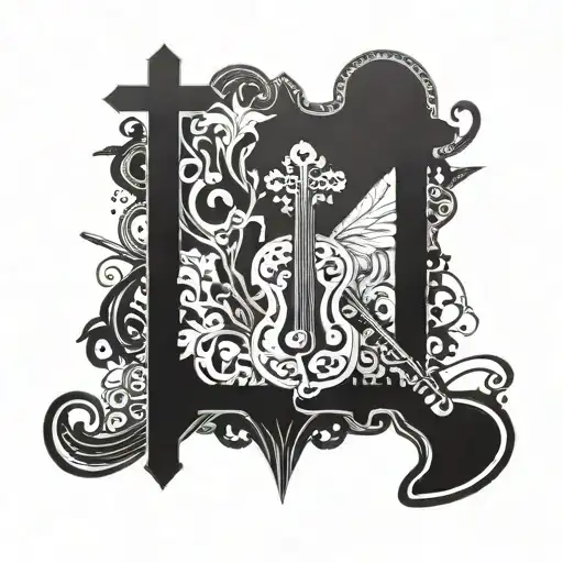 An intricate dotwork design of a cross intertwined with musical instruments, representing your role as a missionary and love for music tattoo design idea