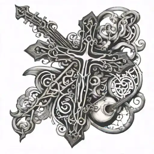 An intricate dotwork design of a cross intertwined with musical instruments, representing your role as a missionary and love for music tattoo design idea
