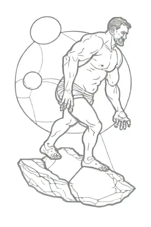 Sisyphus inspired tatoo about struggling to get to the top. show a man carrying a Boulder. show his struggle   tattoo design idea