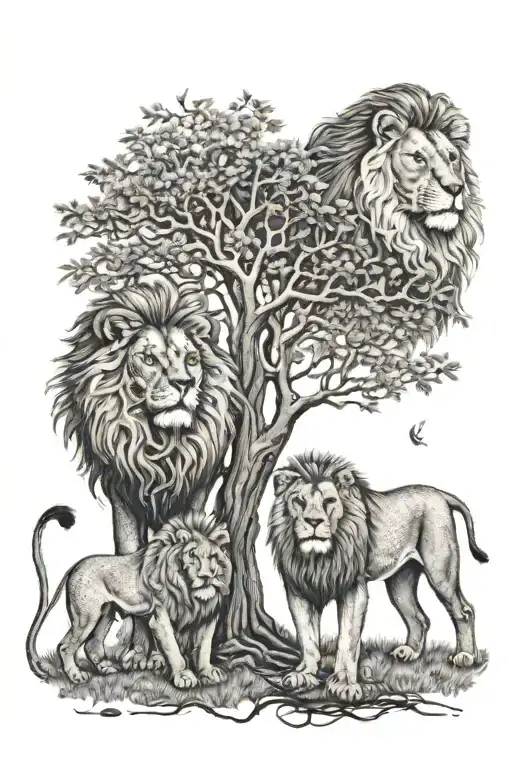 4 lionesses 1 large tree lion tattoo design idea