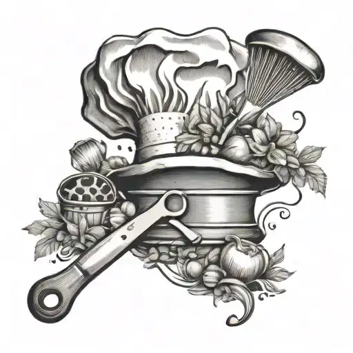 A detailed tattoo of a chef's hat and kitchen utensils surrounded by ingredients, symbolizing your passion for cooking tattoo design idea