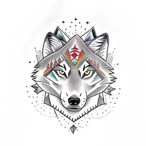 A traditional style tattoo of a wolf running through a forest trail with stars shining above tattoo design idea