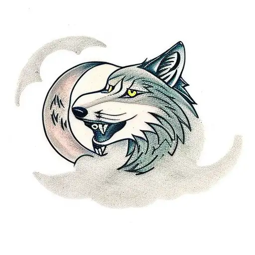 A traditional style tattoo of a wolf howling at the moon on a trail tattoo design idea
