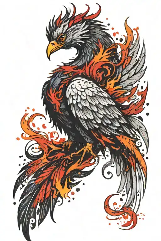 raising and burning phoenix. WIngs can touch the inner upper arms. Background should be dark style Volcano or Dessert. P tattoo design idea