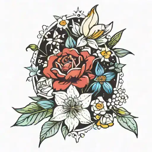 rose cosmo larkspur snowdrop daffodil daisy iris bouquet tattoo design idea