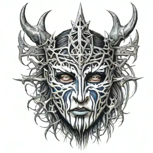  joey jordison crown of thorns mask surrounded by swirling tattoo design idea