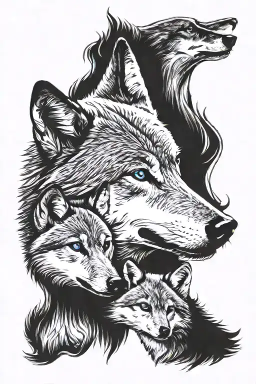 mother wolf with blue eyes and two wolf cubs one with blue eyes one with hazel eyes tattoo design idea