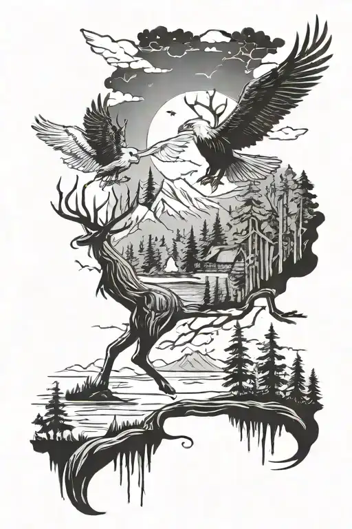 forest and lake with a deer and a bald eagle soaring tattoo design idea