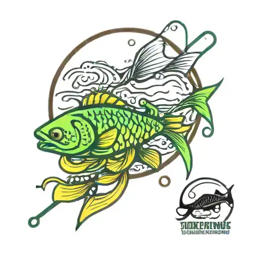 green fishing lure with hooks tribute tattoo with the saying "Gone Fishing 5-3-2024" tattoo design idea