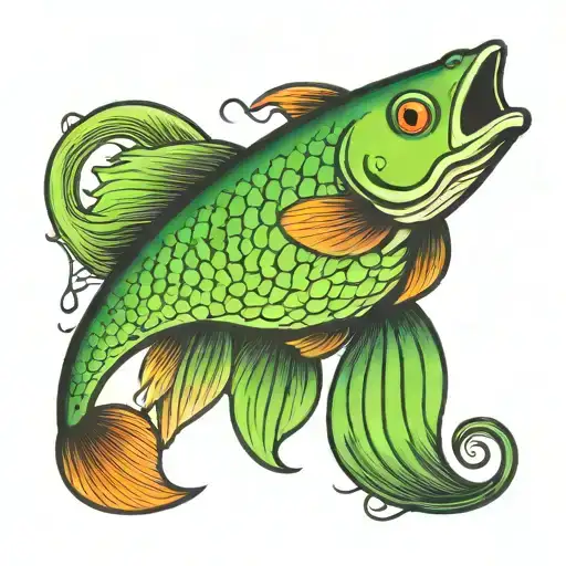 green fishing lure with hooks tribute tattoo with the saying "Gone Fishing 5-3-2024" tattoo design idea