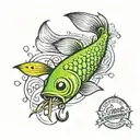 green fishing lure with hooks tribute tattoo with the saying "Gone Fishing 5-3-2024" tattoo design idea