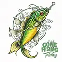 green fishing lure with hooks tribute tattoo with the saying "Gone Fishing 5-3-2024" tattoo design idea