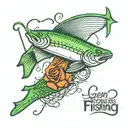 green fishing lure with hooks tribute tattoo with the saying "Gone Fishing 5-3-2024" tattoo design idea