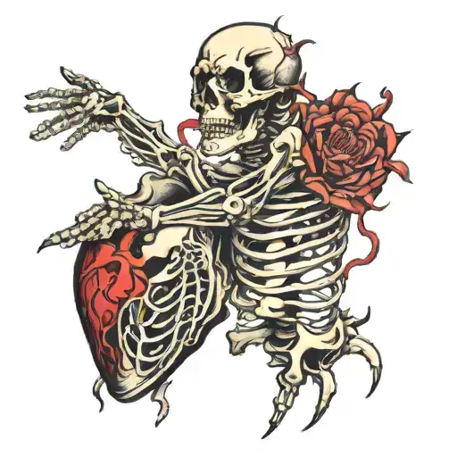 man hand and skeleton reaching for real human heart tattoo design idea