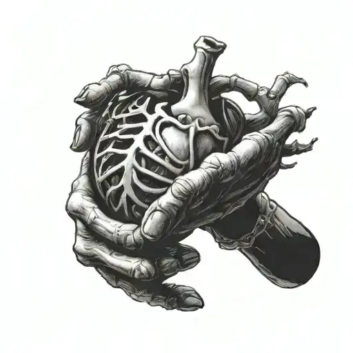 man hand and skeleton reaching for real human heart tattoo design idea