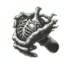 man hand and skeleton reaching for real human heart tattoo design idea