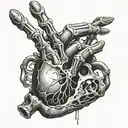 hand and skeleton hand reaching for real human heart tattoo design idea