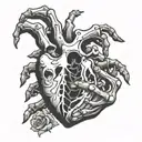 hand and skeleton hand reaching for real human heart tattoo design idea