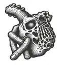 hand and skeleton hand reaching for real human heart tattoo design idea