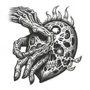 hand and skeleton hand reaching for real human heart tattoo design idea