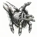 human hand and skeleton hand reaching for real human heart tattoo design idea