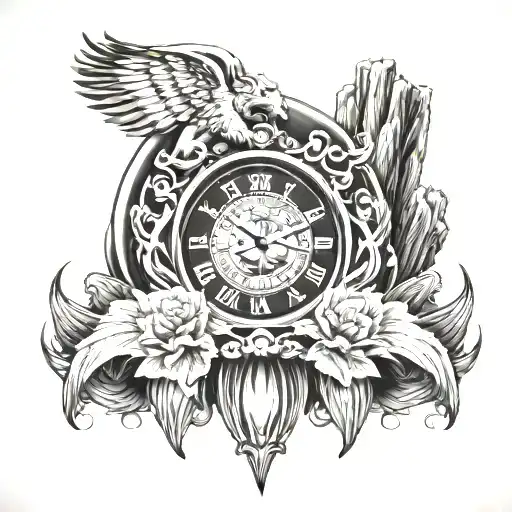 clock on top with waterfall leading filling a lions crown tattoo design idea