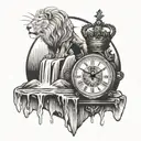 clock on top with waterfall leading filling a lions crown tattoo design idea
