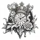 clock on top with waterfall leading filling a lions crown tattoo design idea