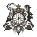 clock on top with waterfall leading filling a lions crown tattoo design idea