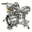 A robotic arm playing a drum set with electronic elements tattoo design idea