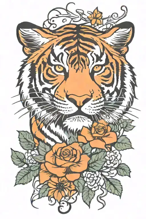 tiger face and rose vine tattoo design idea