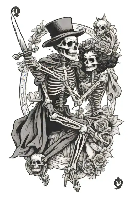the lover tarot card that has a dressed up skeleton couple hugging but both of them a holding a knife behind their back  tattoo design idea