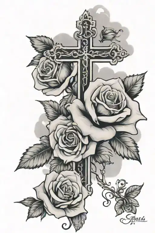 Roses and cross with clouds tattoo design idea