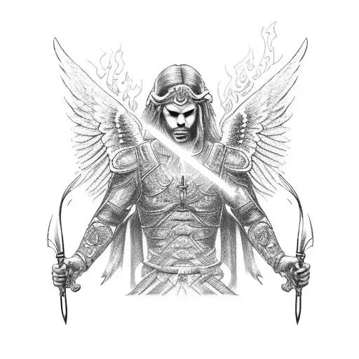 Angelic warrior with a flaming sword tattoo design idea