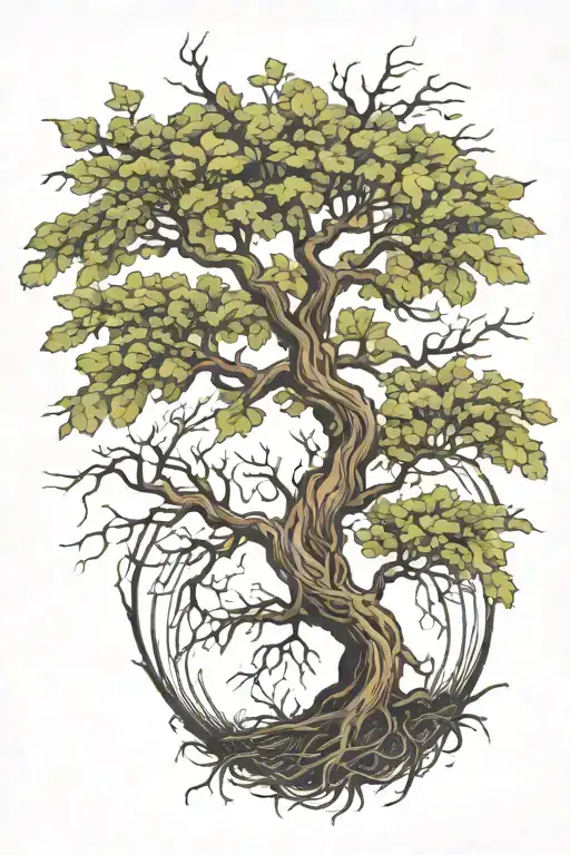 willow oak tree with roots reaching around the earth tattoo design idea