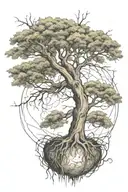 willow oak tree with roots reaching around the earth inside tattoo design idea
