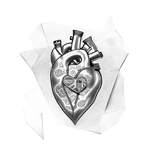 scale with an anatomic heart on one side and a pile of money on the other side tattoo design idea